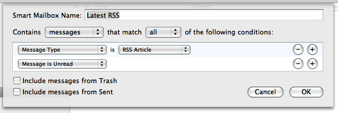 Screen capture of configuration window for a 'Latest RSS' Smart Mailbox